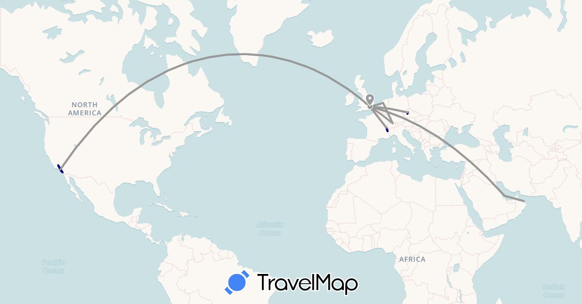 TravelMap itinerary: driving, plane in Switzerland, Czech Republic, France, United Kingdom, Netherlands, Oman, Qatar, United States (Asia, Europe, North America)